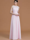 A-Line/Princess Jewel Sleeveless Floor-Length Ruched Chiffon Bridesmaid Dresses TPP0005645