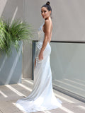 Sheath/Column Satin Ruched V-neck Sleeveless Sweep/Brush Train Wedding Dresses TPP0007028