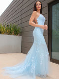 Trumpet/Mermaid Halter Sleeveless Lace Tulle Sweep/Brush Train Dresses TPP0001367