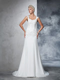 A-Line/Princess Straps Beading Sleeveless Long Chiffon Wedding Dresses TPP0006465