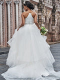 A-Line/Princess Tulle Spaghetti Straps Sleeveless Ruffles Sweep/Brush Train Wedding Dresses TPP0006100