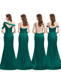 Sheath/Column Off-the-Shoulder Elastic Woven Satin Ruched Sleeveless Sweep/Brush Train Bridesmaid Dresses TPP0004895