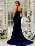 Trumpet/Mermaid Velvet Ruffles Straps Sleeveless Sweep/Brush Train Bridesmaid Dresses TPP0004964