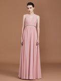 A-Line/Princess Lace Sleeveless Floor-Length Chiffon Ruched V-neck Bridesmaid Dresses TPP0005862