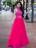 A-Line/Princess Tulle Beading Halter Sleeveless Floor-Length Two Piece Dresses TPP0004833