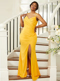 Sheath/Column Jersey Ruched Spaghetti Straps Sleeveless Sweep/Brush Train Bridesmaid Dresses TPP0004988