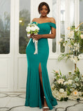 Sheath/Column Jersey Ruffles Off-the-Shoulder Sleeveless Sweep/Brush Train Bridesmaid Dresses TPP0004980