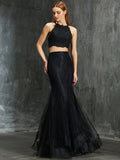 Trumpet/Mermaid Spaghetti Straps Sleeveless Applique Floor-Length Net Two Piece Dresses TPP0002540