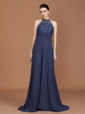 A-Line/Princess Scoop Sleeveless Sweep Train Chiffon Lace Bridesmaid Dress TPP0005607