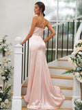 Sheath/Column Silk like Satin Ruched V-neck Sleeveless Sweep/Brush Train Bridesmaid Dresses TPP0004907