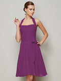 A-Line/Princess Halter Sleeveless Pleats Bowknot Short Chiffon Bridesmaid Dresses TPP0005094