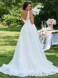 A-Line/Princess Tulle Lace Scoop Sleeveless Sweep/Brush Train Wedding Dresses TPP0006398