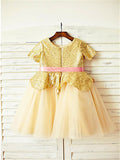 A-line/Princess Scoop Short Sleeves Sequin Tea-Length Tulle Flower Girl Dresses TPP0007926