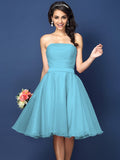 A-Line/Princess Strapless Pleats Sleeveless Short Satin Bridesmaid Dresses TPP0005499