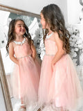 A-Line/Princess Tulle Beading Scoop Sleeveless Tea-Length Flower Girl Dresses TPP0007469