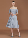 A-Line/Princess Off-the-Shoulder Short Sleeves Lace Tea-Length Chiffon Bridesmaid Dress TPP0005561