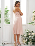 Sheath/Column Charmeuse Ruched Spaghetti Straps Sleeveless Tea-Length Bridesmaid Dresses TPP0004936