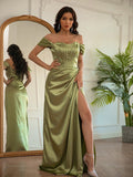 Sheath/Column Elastic Woven Satin Ruched Off-the-Shoulder Sleeveless Floor-Length Dresses TPP0001420