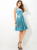 A-Line/Princess Straps Pleats Sleeveless Short Satin Bridesmaid Dresses TPP0005382