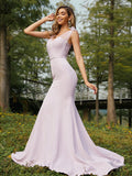 Trumpet/Mermaid Stretch Crepe Ruched V-neck Sleeveless Sweep/Brush Train Bridesmaid Dresses TPP0004993