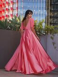 A-Line/Princess Square 1/2 Sleeves Charmeuse Ruffles Floor-Length Dresses TPP0004692