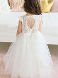 A-Line/Princess Short Sleeves Tulle Lace Scoop Floor-Length Flower Girl Dresses TPP0007911