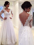 Ball Gown V-neck Long Sleeves Lace Sweep/Brush Train Tulle Wedding Dresses TPP0006055