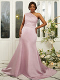 Sheath/Column Satin Lace One-Shoulder Sleeveless Sweep/Brush Train Bridesmaid Dresses TPP0004972