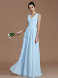 A-Line/Princess V-neck Sleeveless Ruched Floor-Length Chiffon Bridesmaid Dresses TPP0005037