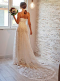 Sheath/Column Lace Applique Spaghetti Straps Sleeveless Court Train Wedding Dresses TPP0005976