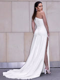 Sheath/Column Satin Ruched One-Shoulder Sleeveless Sweep/Brush Train Wedding Dresses TPP0006584