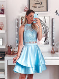 A-Line/Princess Satin Lace Sleeveless Halter Short/Mini Two Piece Homecoming Dresses TPP0004654