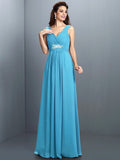 A-Line/Princess V-neck Beading Pleats Sleeveless Long Chiffon Bridesmaid Dresses TPP0005270