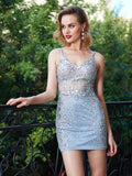 Sheath/Column Spaghetti Straps Sleeveless Net Sequin Short/Mini Dresses TPP0008524