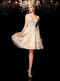 A-Line/Princess V-neck Beading Sleeveless Short Lace Cocktail Dresses TPP0008254