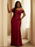 Sheath/Column Satin Ruched Off-the-Shoulder Sleeveless Sweep/Brush Train Bridesmaid Dresses TPP0004959