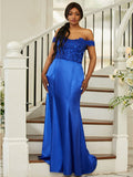 Sheath/Column Silk like Satin Applique Off-the-Shoulder Sleeveless Sweep/Brush Train Bridesmaid Dresses TPP0004990