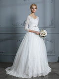 Ball Gown V-neck 3/4 Sleeves Court Train Lace Tulle Wedding Dresses TPP0006428