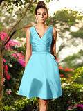 A-Line/Princess V-neck Ruched Sleeveless Short Satin Bridesmaid Dresses TPP0005404