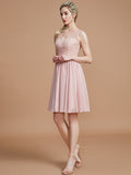 A-Line/Princess V-neck Sleeveless Lace Short/Mini Chiffon Bridesmaid Dresses TPP0005355