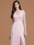 A-Line/Princess V-neck Sleeveless Floor-Length Ruched Chiffon Bridesmaid Dresses TPP0005284