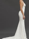 Sheath/Column Sleeveless V-neck Spaghetti Straps Court Train Lace Wedding Dresses TPP0006240