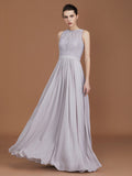 A-Line/Princess Scoop Lace Floor-Length Ruched Chiffon Bridesmaid Dress TPP0005643