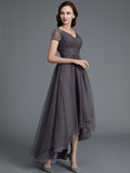 A-Line/Princess V-neck Short Sleeves Asymmetrical Tulle Mother of the Bride Dresses TPP0007098