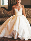 A-Line/Princess V-neck Satin Ruched Sleeveless Sweep/Brush Train Wedding Dresses TPP0006469