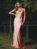 Sheath/Column Charmeuse Ruched Spaghetti Straps Sleeveless Sweep/Brush Train Bridesmaid Dresses TPP0004939