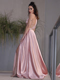 A-Line/Princess Elastic Woven Satin Ruffles Halter Sleeveless Sweep/Brush Train Dresses TPP0004807