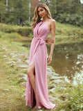 A-Line/Princess Chiffon Ruffles Halter Sleeveless Sweep/Brush Train Bridesmaid Dresses TPP0004973