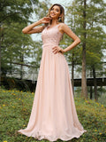 A-Line/Princess Chiffon Lace V-neck Sleeveless Floor-Length Bridesmaid Dresses TPP0004989