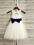 A-Line/Princess Tulle Bowknot Scoop Sleeveless Tea-Length Flower Girl Dresses TPP0007519